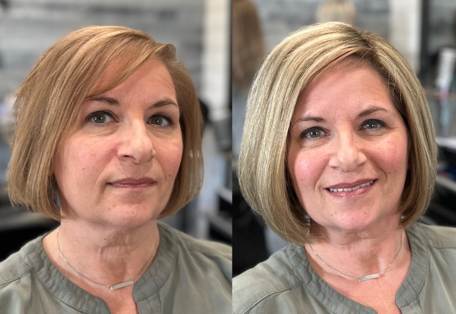 Before and after of a woman with a Studio T hair topper showing a natural color match