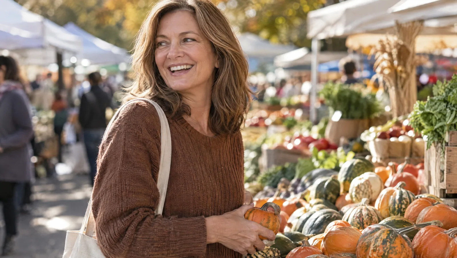 Woman smiling at an outdoor market